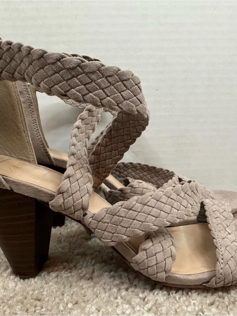 Kaari Blue Taupe Braided Strappy Heeled Sandals, size 8, new without box